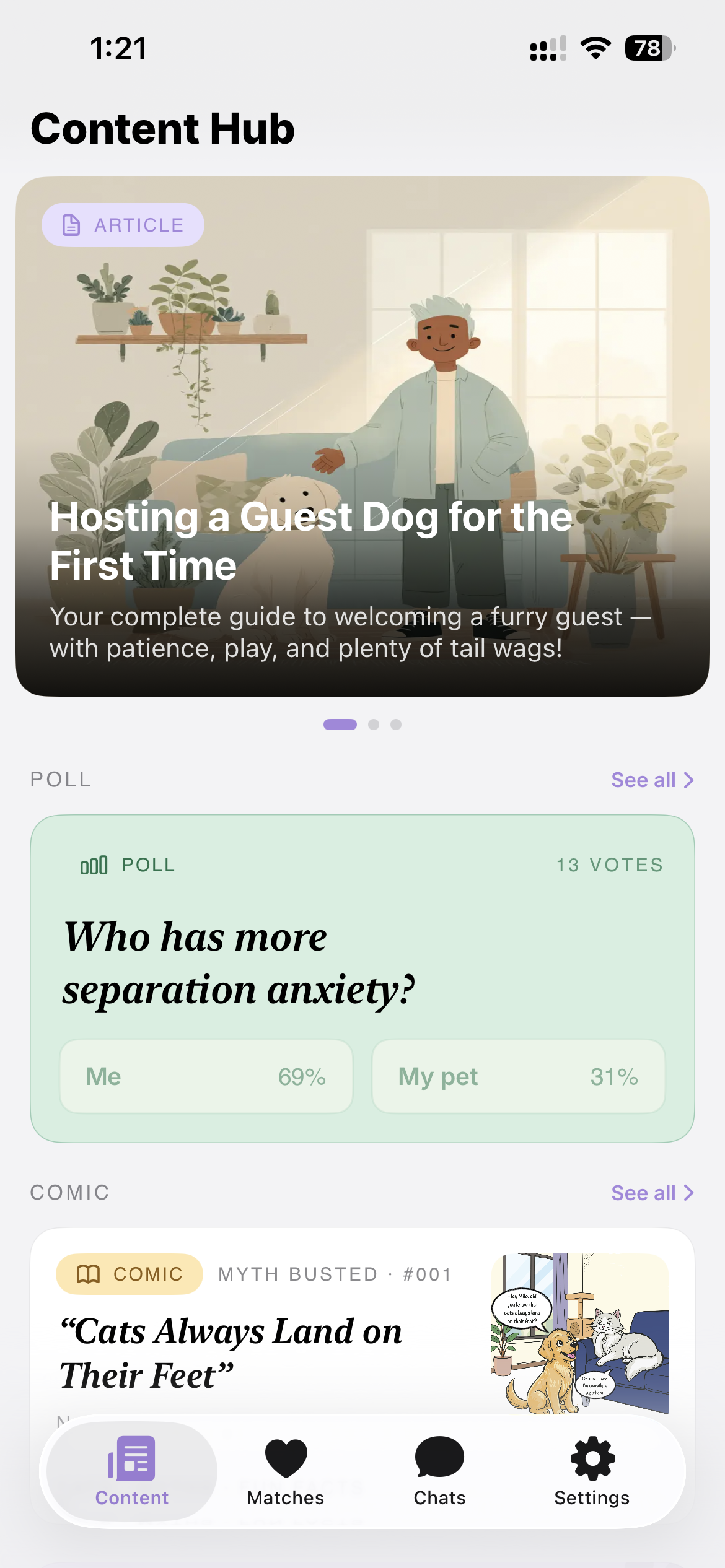 The PawSure Content hub showing a featured care guide, a community poll, and a myth-busting comic.